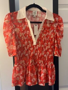 Maeve Red Floral Smocked & Collared Peplum Top
